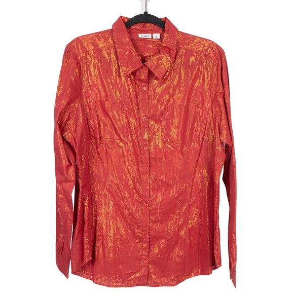 Cato Button Up Shirt XL Womens Red Gold Metallic Striped Long Sleeve Cotton - Picture 1 of 6